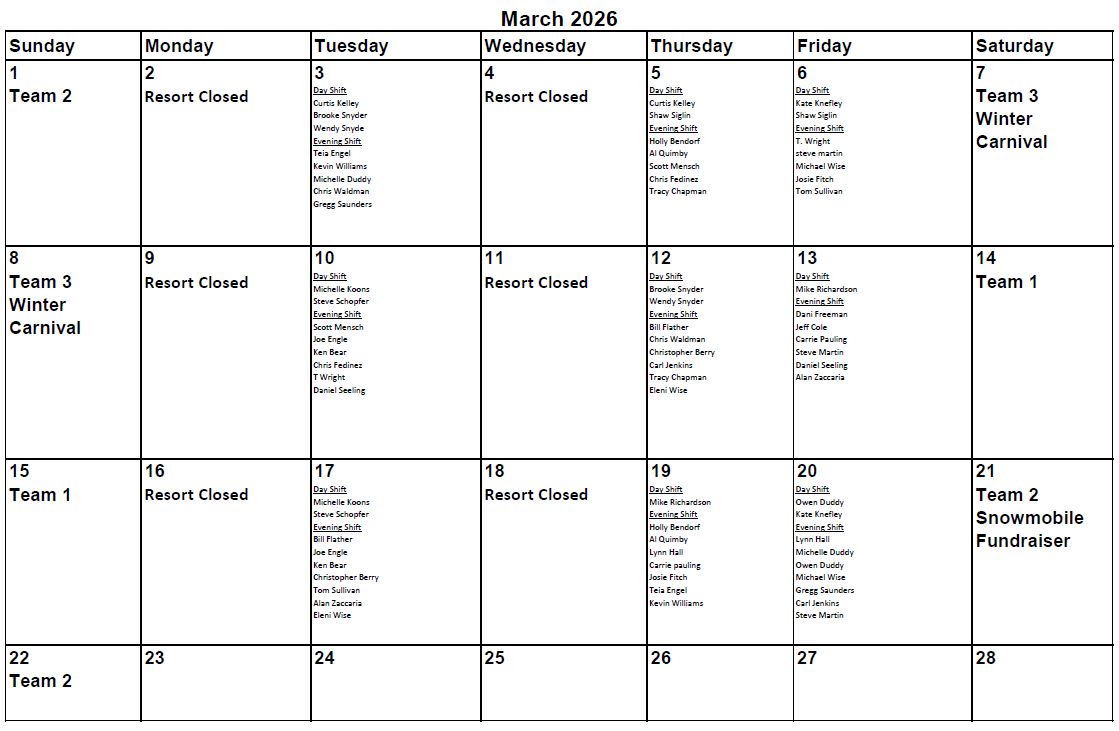 Mar 2026 Patrol Duty Calendar